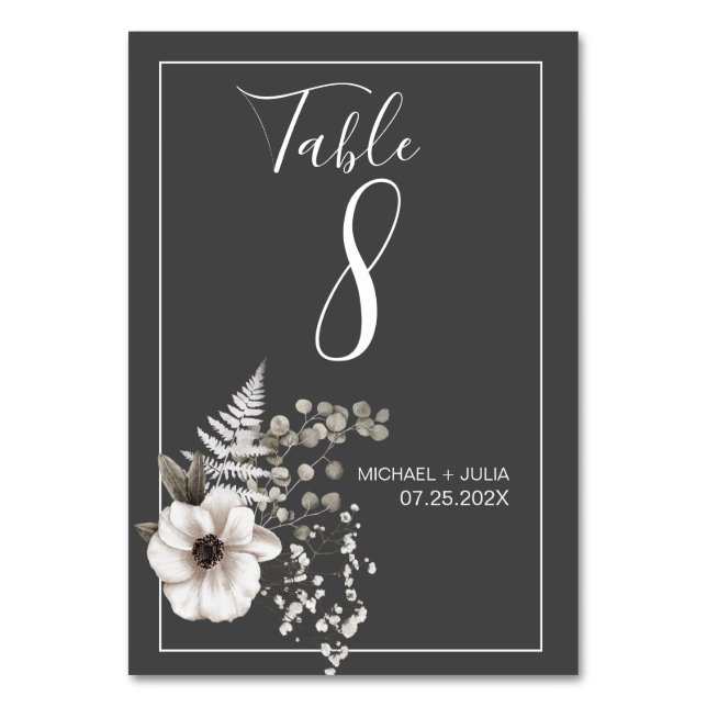 Dark Gray & White Floral Wedding  Table Number (Front)