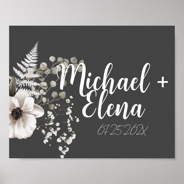 Dark Gray & White Floral Wedding Wall Print (Front)