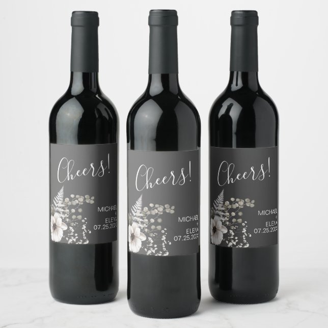 Dark Gray & White Floral Wedding  Wine Label (Bottles)