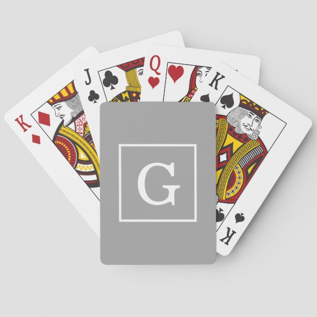 Dark Gray White Framed Initial Monogram Poker Cards (Back)