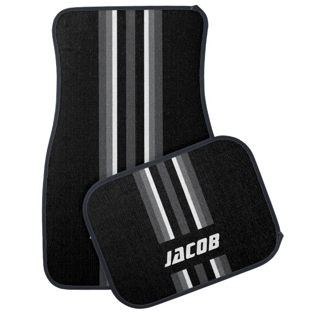 Dark Gray, White, Gray Race Stripes on Black Car Mat (Set)