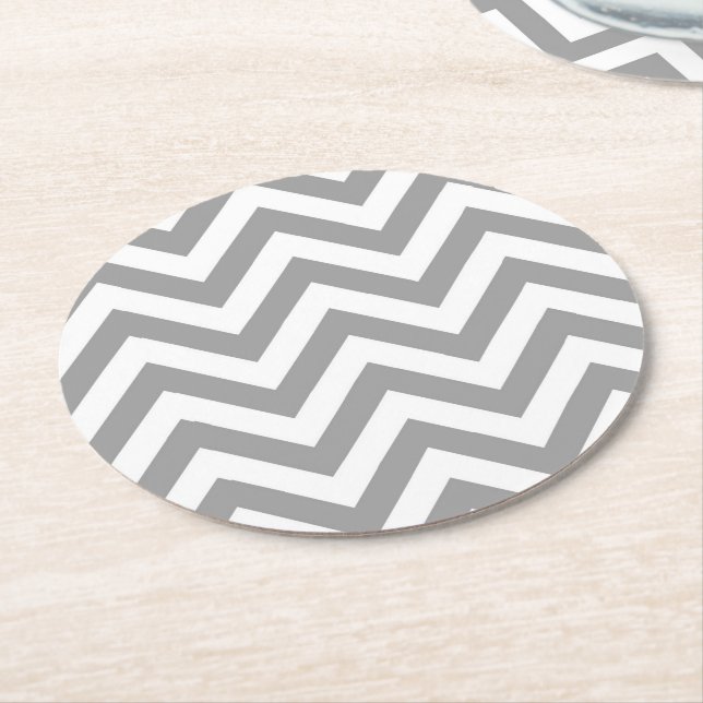 Dark Gray White Large Chevron ZigZag Pattern Round Paper Coaster (Angled)