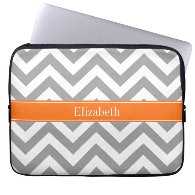 Dark Gray White LG Chevron Pumpkin Name Monogram Laptop Sleeve (Front)