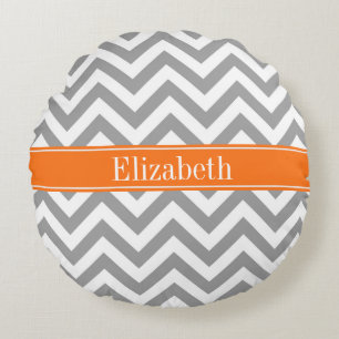 Dark Gray White LG Chevron Pumpkin Name Monogram Round Pillow