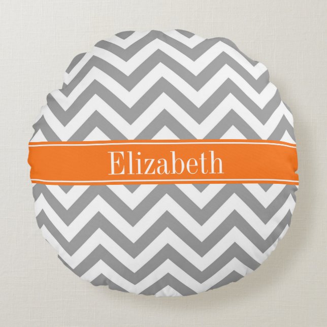 Dark Gray White LG Chevron Pumpkin Name Monogram Round Pillow (Front)