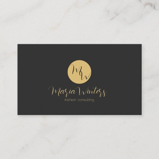 Dark- gray & white modern monogram, gold accent business card (Front)