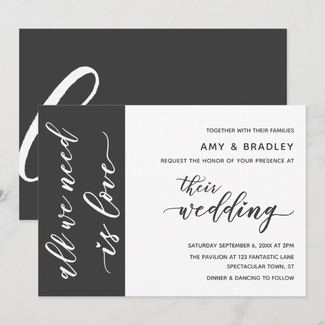 Dark Gray & White Modern Script Wedding Invitation (Front/Back)