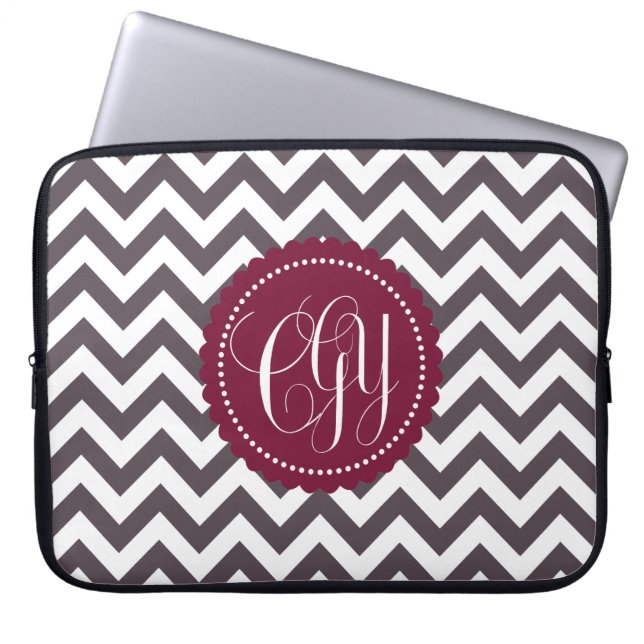 Dark Gray White Monogram Chevron Pattern Laptop Sleeve (Front)