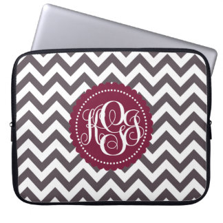 Dark Gray White Monogram Chevron Pattern Laptop Sleeve