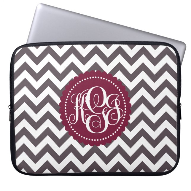 Dark Gray White Monogram Chevron Pattern Laptop Sleeve (Front)