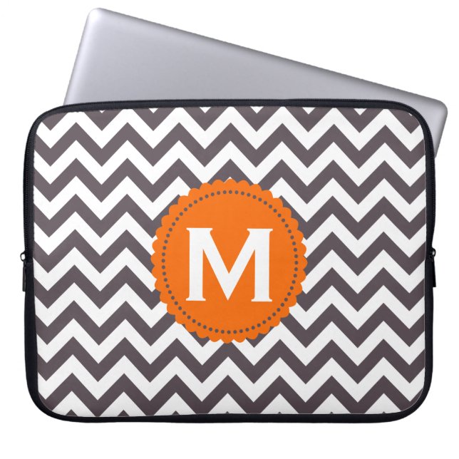 Dark Gray White Monogram Chevron Pattern Laptop Sleeve (Front)