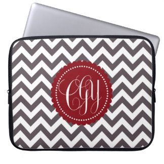 Dark Gray White Monogram Chevron Pattern Laptop Sleeve