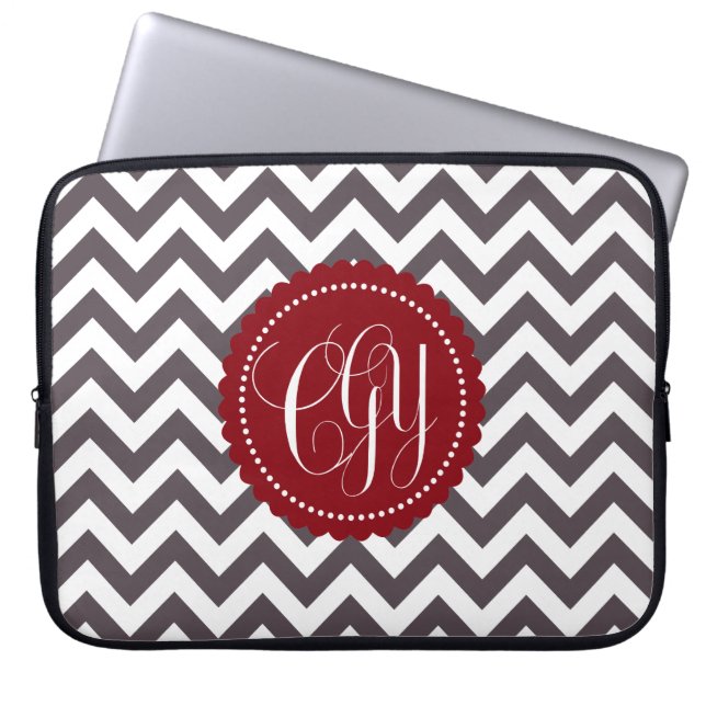 Dark Gray White Monogram Chevron Pattern Laptop Sleeve (Front)