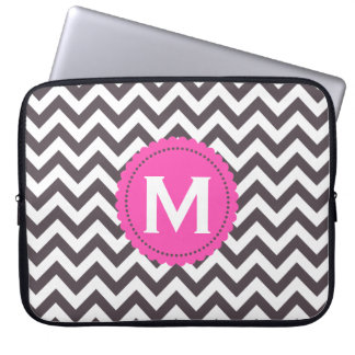 Dark Gray White Monogram Chevron Pattern Laptop Sleeve