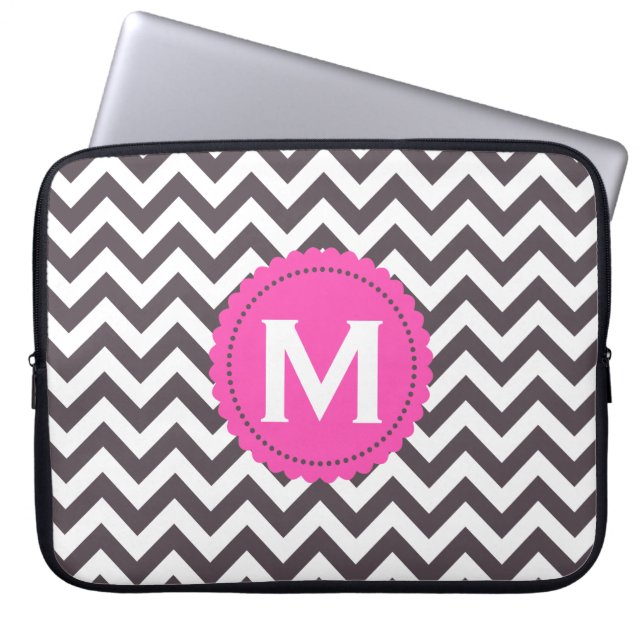 Dark Gray White Monogram Chevron Pattern Laptop Sleeve (Front)