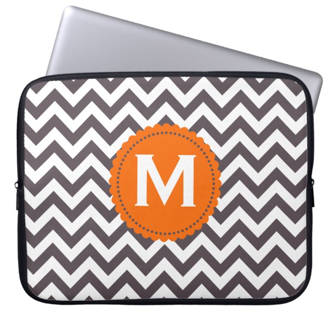 Dark Gray White Monogram Chevron Pattern Laptop Sleeve (Front)