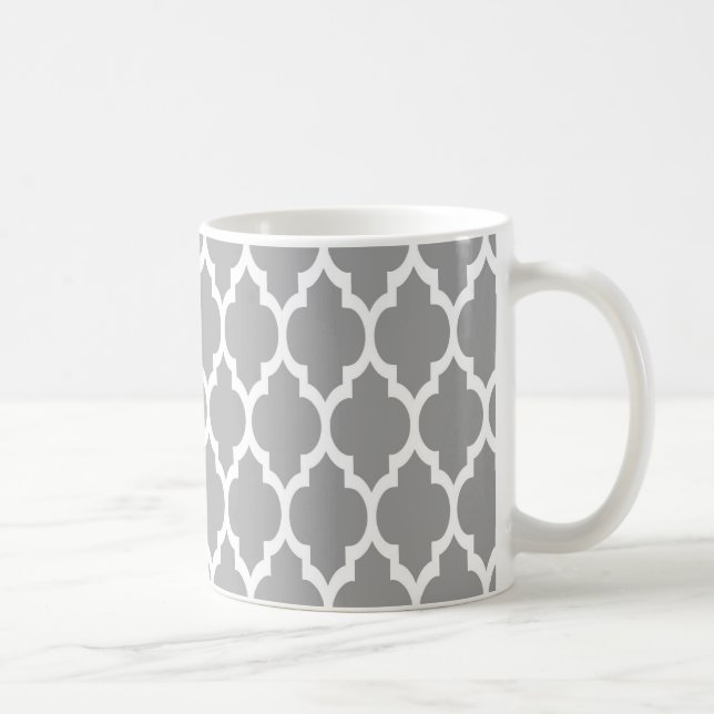 Dark Gray White Moroccan Quatrefoil Pattern #4 Coffee Mug (Right)