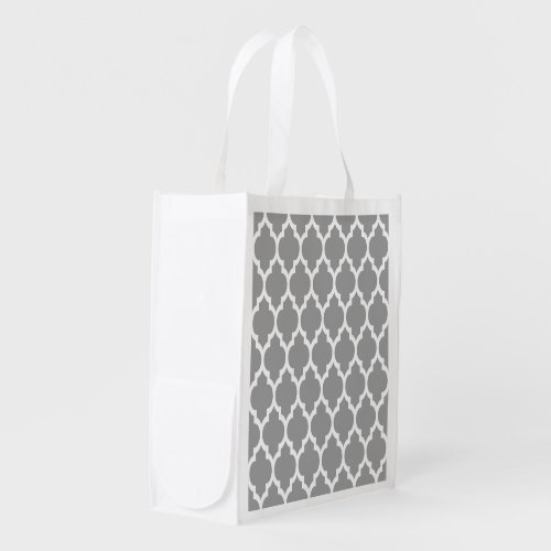 Dark Gray White Moroccan Quatrefoil Pattern 4 Reusable Grocery Bag