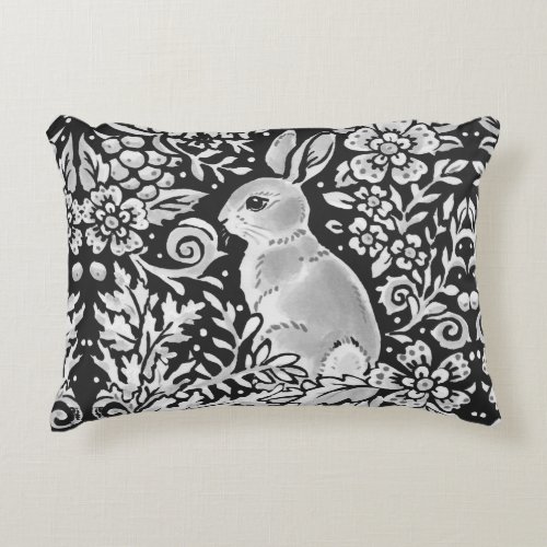 Dark Gray White Rabbit Floral Forest Woodland  Acc Accent Pillow