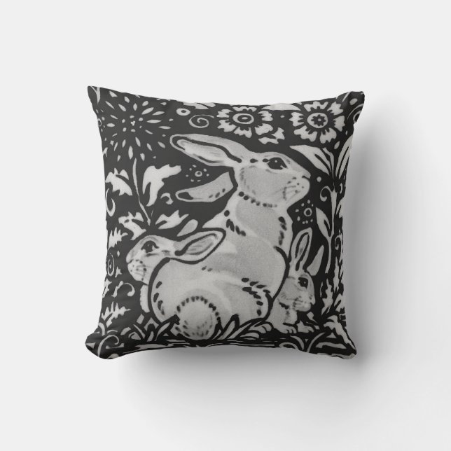 Dark Gray White Rabbit Mother & Babies Chinoiserie Throw Pillow (Front)