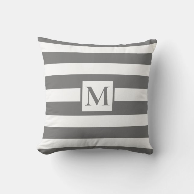 Dark Gray white strips monogram Throw Pillow (Front)
