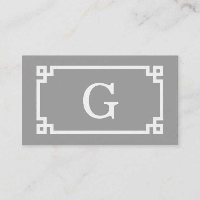 Dark Gray Wht Greek Key Frame #2 Initial Monogram Business Card (Front)