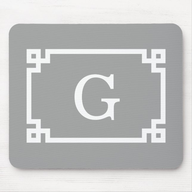 Dark Gray Wht Greek Key Frame #2 Initial Monogram Mouse Pad (Front)