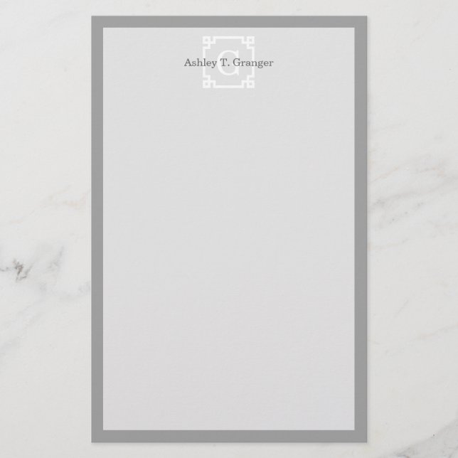 Dark Gray Wht Greek Key Frame #2 Initial Monogram Stationery (Front)