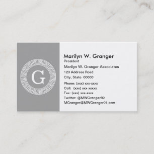 Dark Gray Wht Greek Key Rnd Frame Initial Monogram Business Card