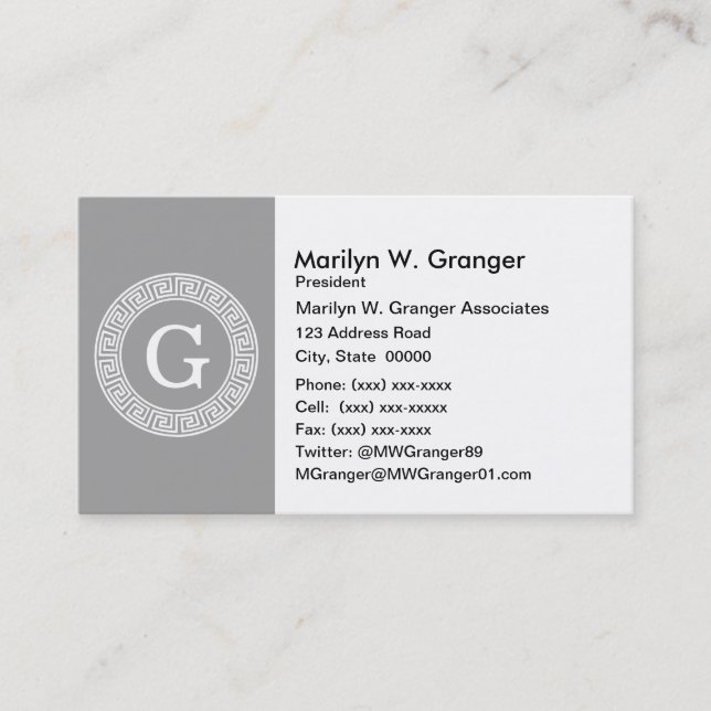 Dark Gray Wht Greek Key Rnd Frame Initial Monogram Business Card (Front)