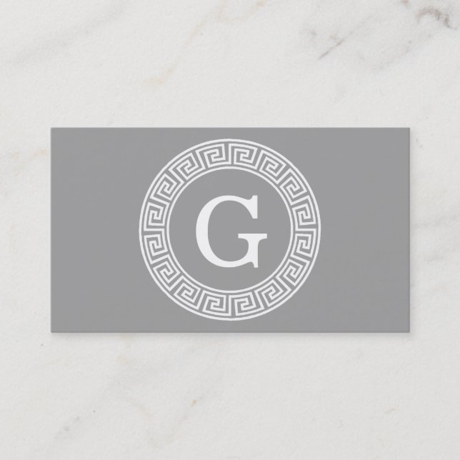 Dark Gray Wht Greek Key Rnd Frame Initial Monogram Business Card (Front)