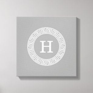 Dark Gray Wht Greek Key Rnd Frame Initial Monogram Canvas Print