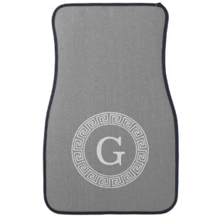 Dark Gray Wht Greek Key Rnd Frame Initial Monogram Car Floor Mat