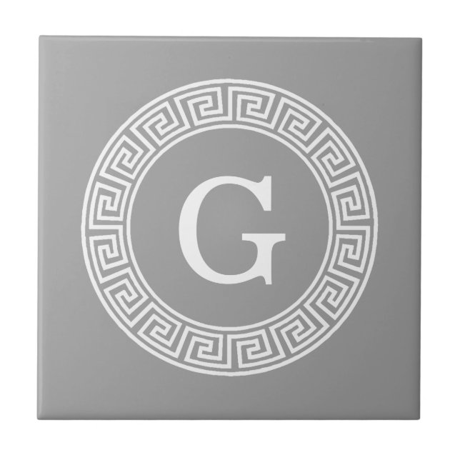 Dark Gray Wht Greek Key Rnd Frame Initial Monogram Ceramic Tile (Front)