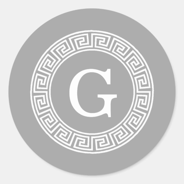 Dark Gray Wht Greek Key Rnd Frame Initial Monogram Classic Round Sticker (Front)