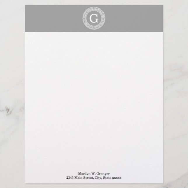 Dark Gray Wht Greek Key Rnd Frame Initial Monogram Letterhead (Front)