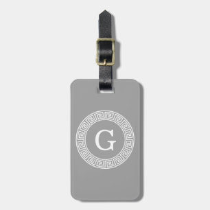 Dark Gray Wht Greek Key Rnd Frame Initial Monogram Luggage Tag