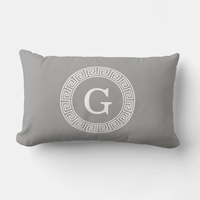 Dark Gray Wht Greek Key Rnd Frame Initial Monogram Lumbar Pillow (Front)