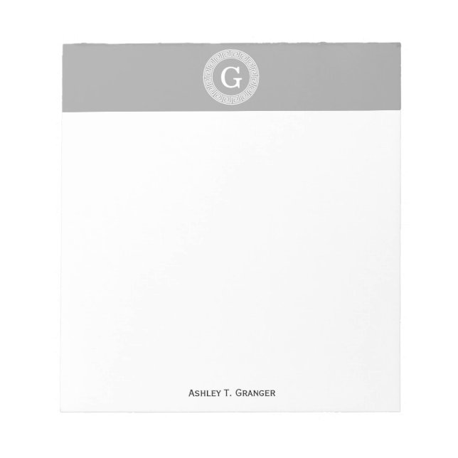 Dark Gray Wht Greek Key Rnd Frame Initial Monogram Notepad (Front)