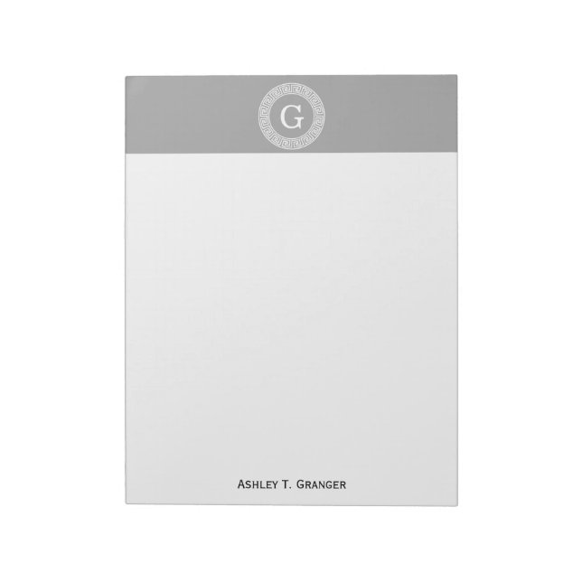 Dark Gray Wht Greek Key Rnd Frame Initial Monogram Notepad (Rotated)
