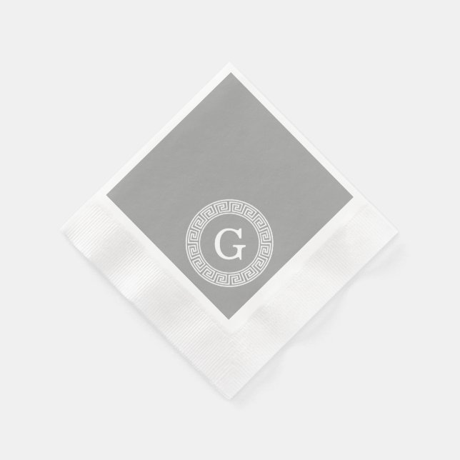 Dark Gray Wht Greek Key Rnd Frame Initial Monogram Paper Napkins (Corner)