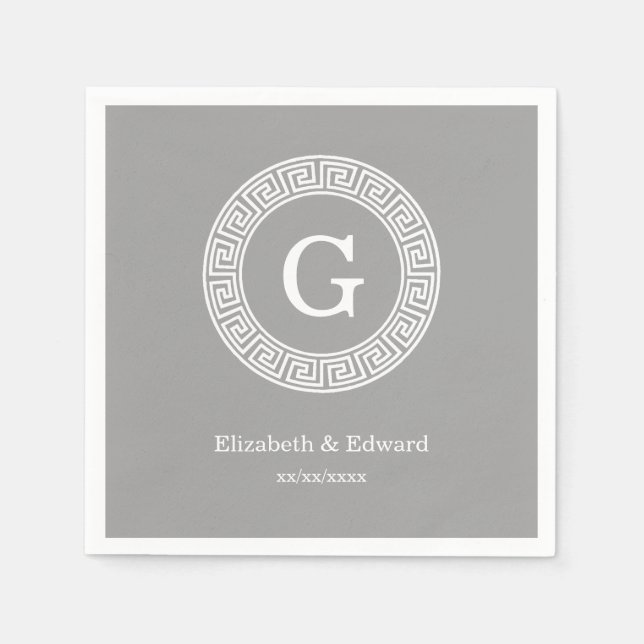 Dark Gray Wht Greek Key Rnd Frame Initial Monogram Paper Napkins (Front)