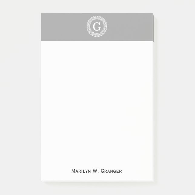 Dark Gray Wht Greek Key Rnd Frame Initial Monogram Post-it Notes (Front)