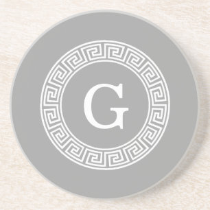 Dark Gray Wht Greek Key Rnd Frame Initial Monogram Sandstone Coaster