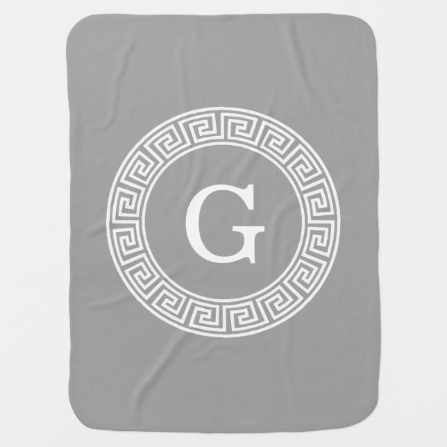Dark Gray Wht Greek Key Rnd Frame Initial Monogram Stroller Blanket (Front)