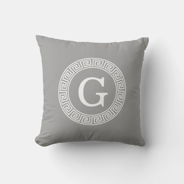 Dark Gray Wht Greek Key Rnd Frame Initial Monogram Throw Pillow (Front)