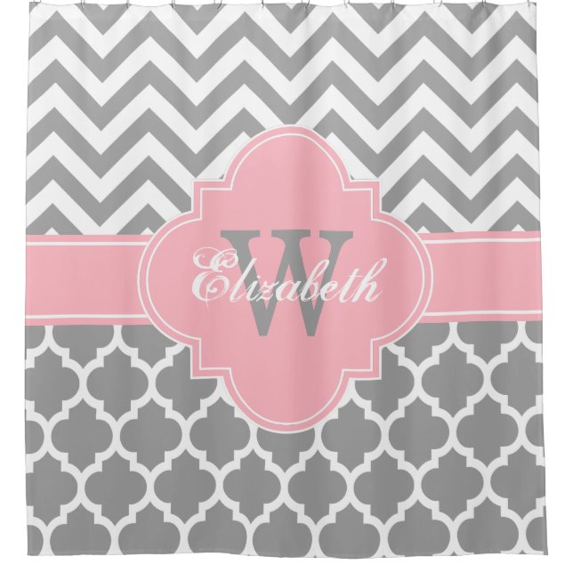 Dark Gray Wht Pink Moroccan #5 Chevron 1IQRN Shower Curtain (Front)
