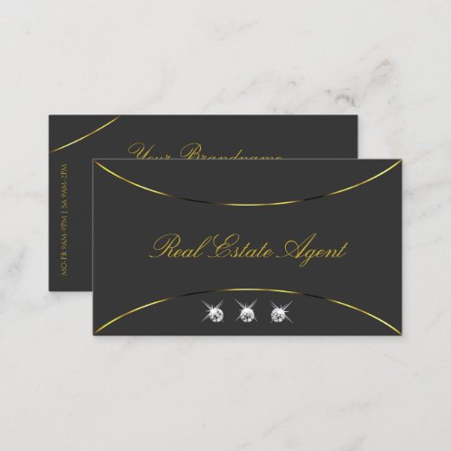 Dark Gray with Gold Decor and Diamonds Luxurious Business Card