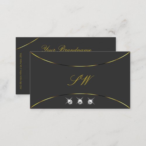 Dark Gray with Gold Decor Diamonds and Monogram Business Card