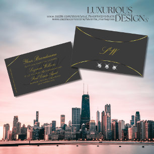 Dark Gray with Gold Decor Diamonds and Monogram Business Card